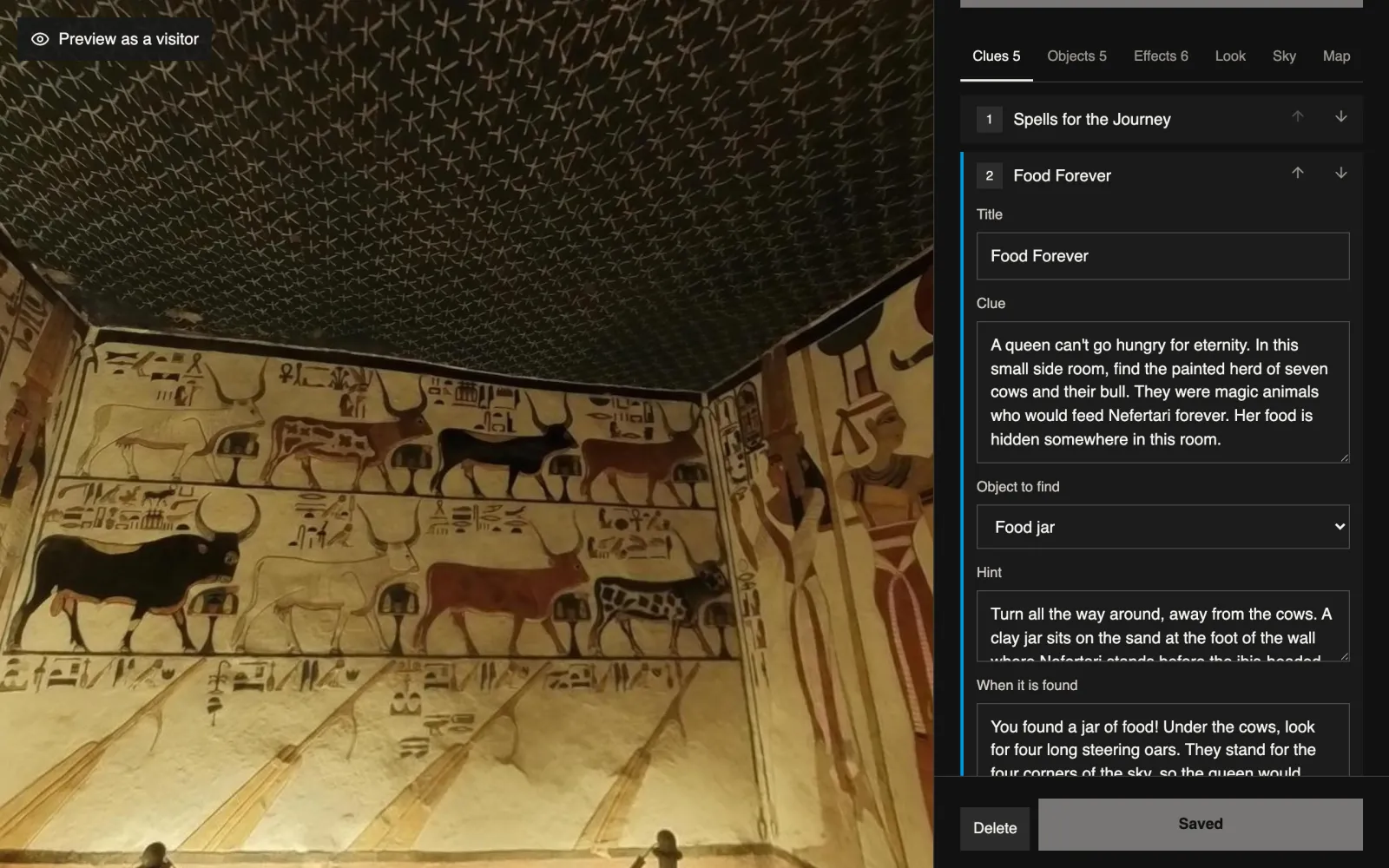 A scavenger hunt being built in the tomb of Nefertari in Spacery, with its clue, the object to find and a hint