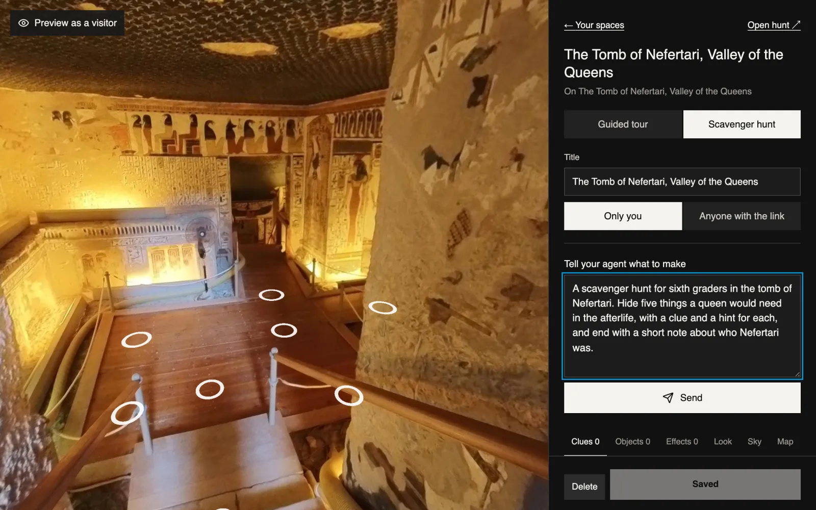 The builder open in the tomb of Nefertari, with a request for a sixth grade scavenger hunt typed into the agent box