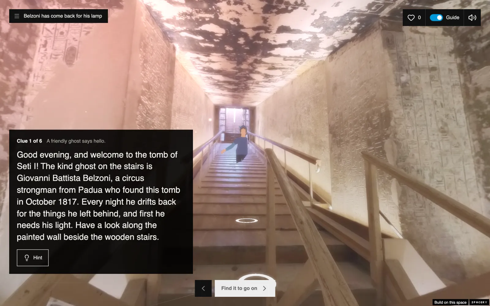 A scavenger hunt being played in the tomb of Seti I, with a friendly ghost on the stairs and the first clue in the corner